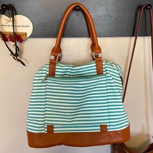 Blue and white striped weekender bag.